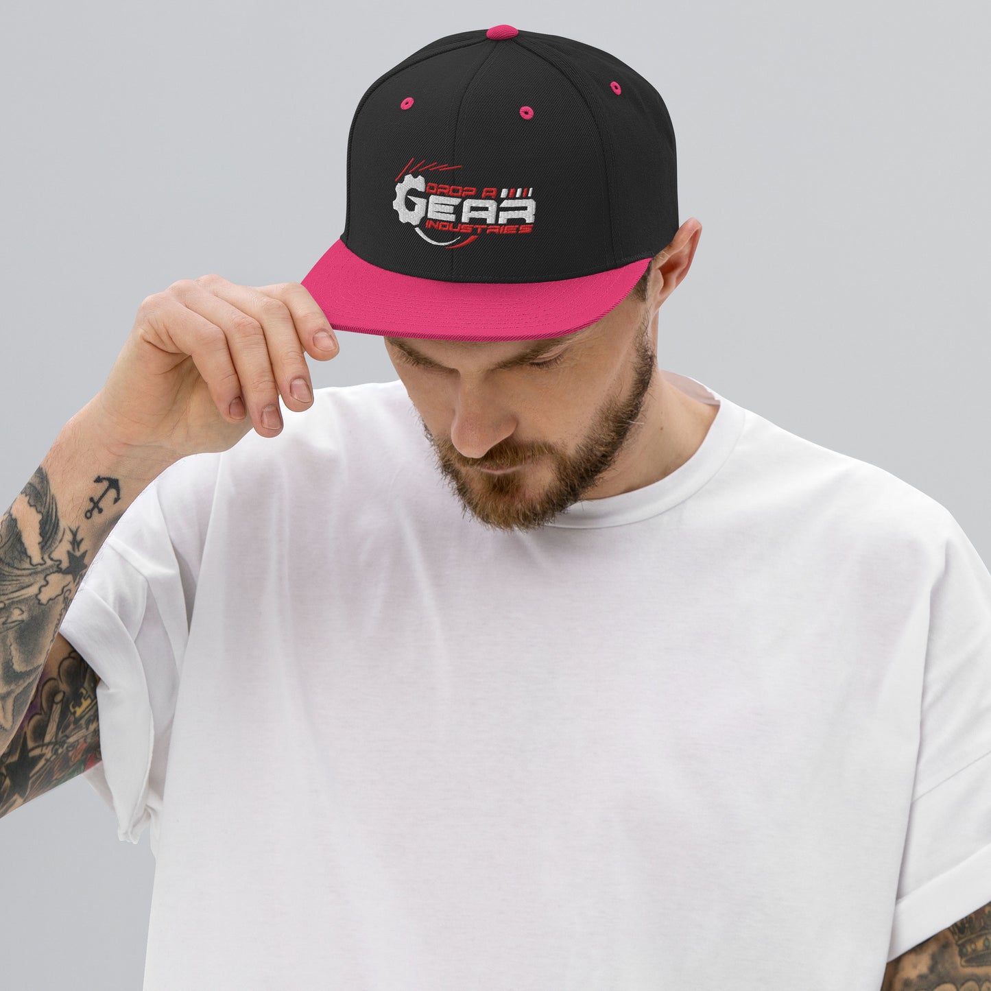 Drop A Gear logo Snapback Hat in dark colors